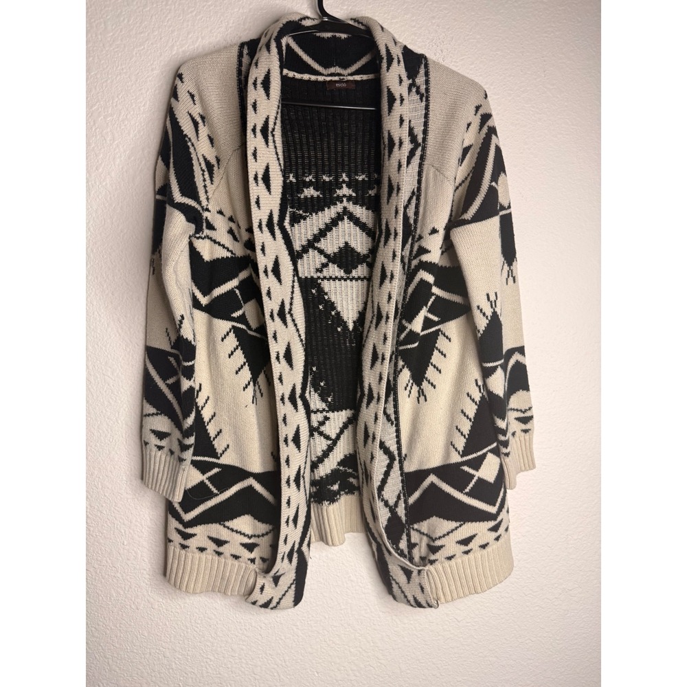 Escio Geometric Tribal Cardigan Womens L Open Front Cream Black Cabin Boho Cozy